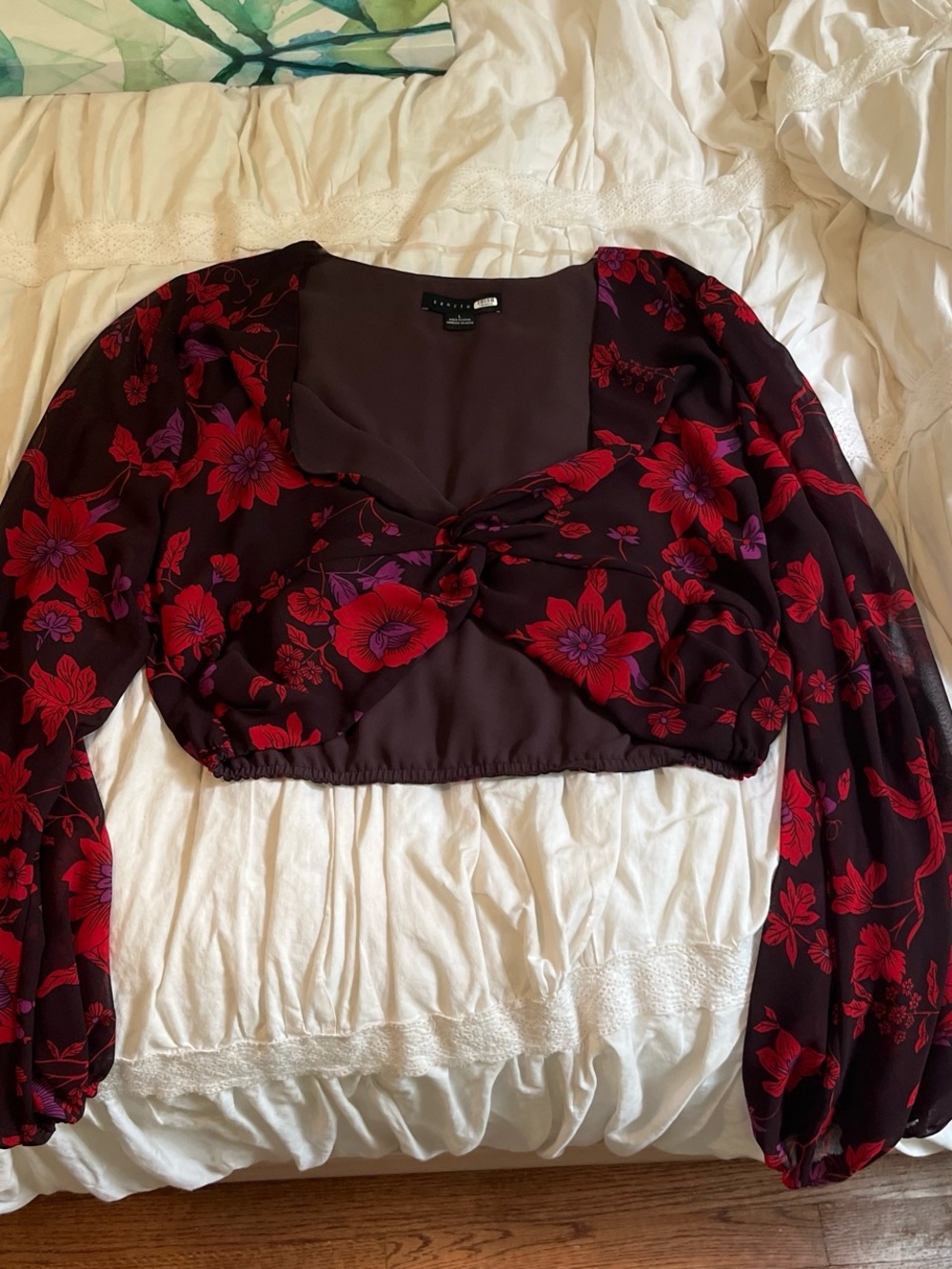 Sanctuary Burgundy Floral Twist-Front Crop Top